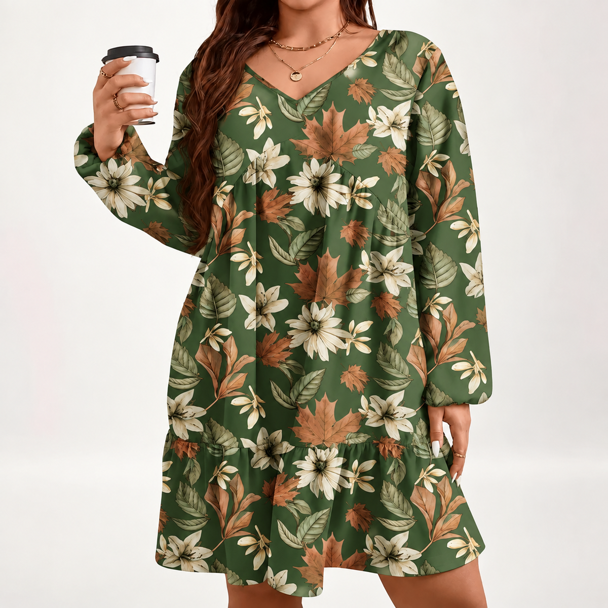 Women's Elegant Maple Leaf Print Dress