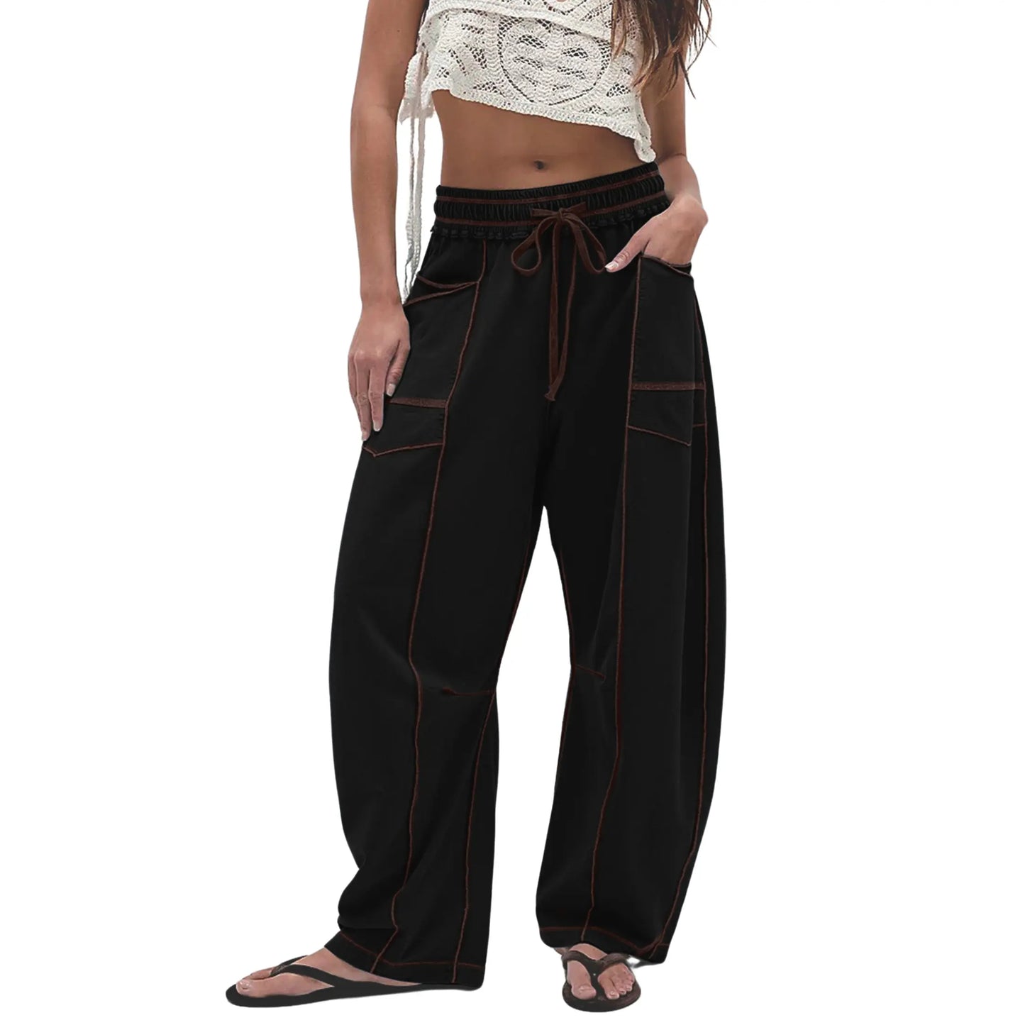Women’s Baggy Barrel-Leg Lounge Pants – Wide Leg, Drawstring Waist & Pockets