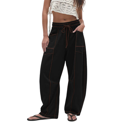 Women’s Baggy Barrel-Leg Lounge Pants – Wide Leg, Drawstring Waist & Pockets