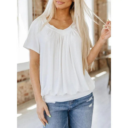 Women’s Casual V Neck Short Sleeve Top – Soft Loose Fit Pleated Summer Tee