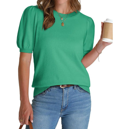 Women's Lightweight Puff Sleeve Knit Top – Soft Spring Summer Sweater, Business Casual Pullover Shirt