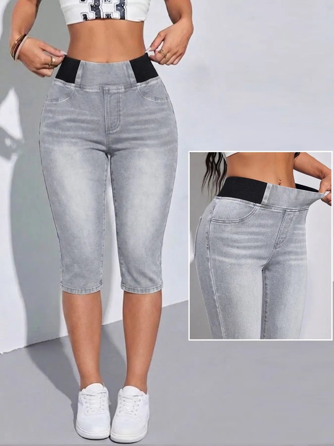 Women's High Waisted Stretch Capri Jeans – Pull-On Denim Capris with Wide Elastic Waistband, Slim Fit Cropped Jeggings