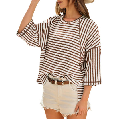 Women’s Oversized Striped Color Block Tee – Soft Summer Short Sleeve Casual Top