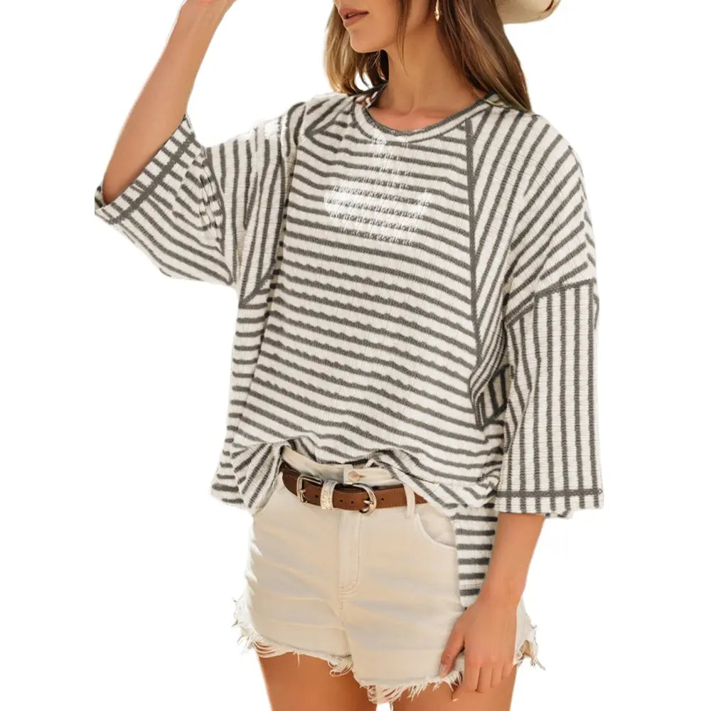 Women’s Oversized Striped Color Block Tee – Soft Summer Short Sleeve Casual Top