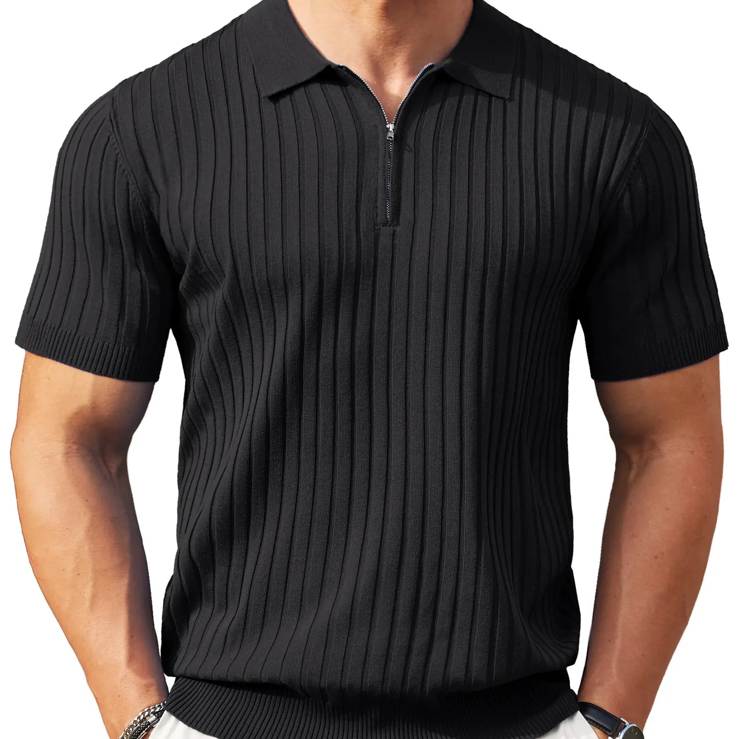 Men's Ribbed Knit 1/4 Zip Polo Shirt – Short Sleeve Casual Golf Sweater Polo for Business Casual, Travel & Everyday Wear