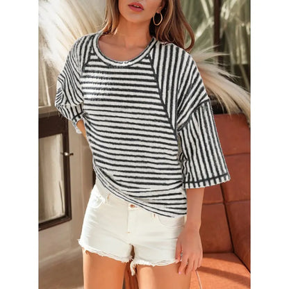 Women’s Oversized Striped Color Block Tee – Soft Summer Short Sleeve Casual Top