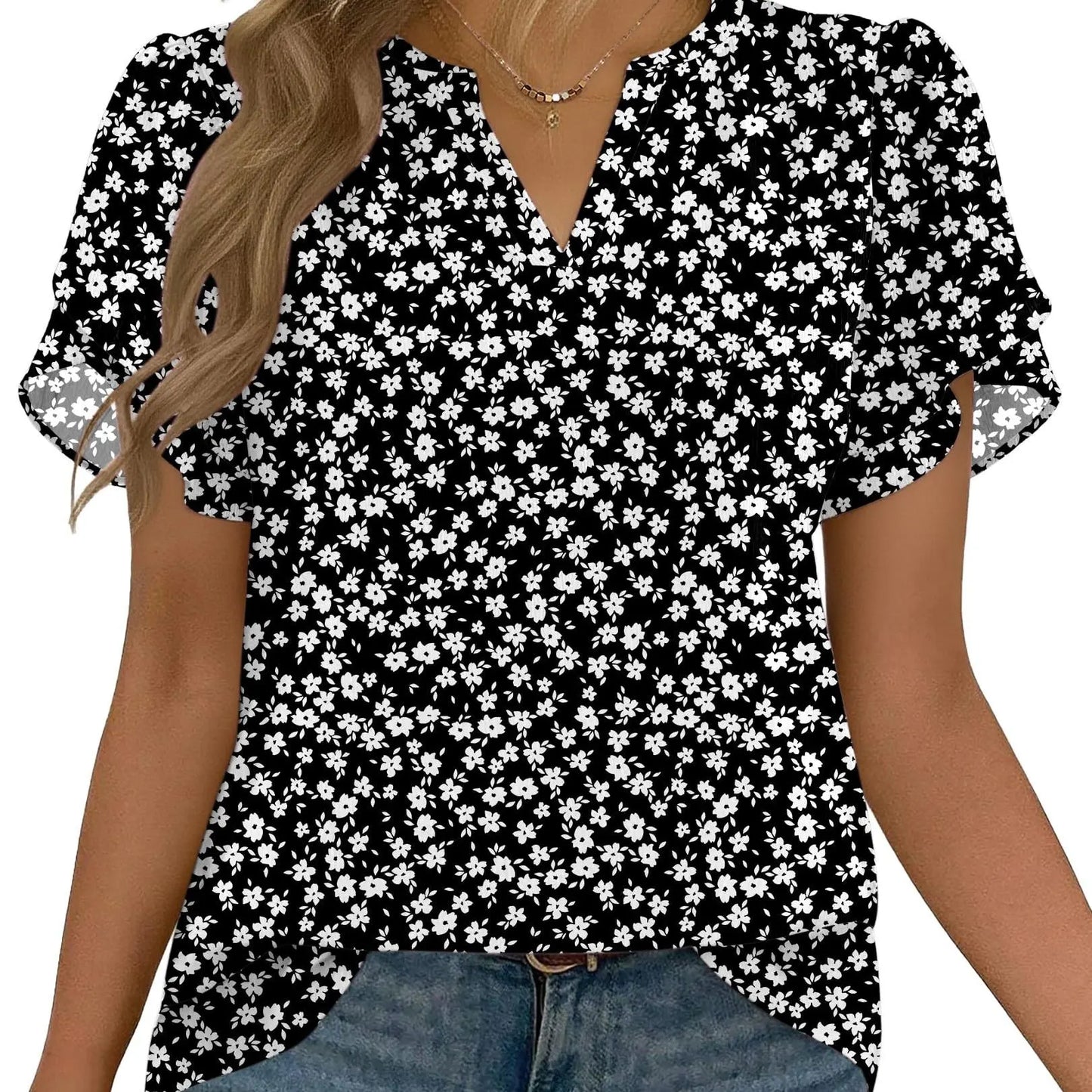 Women’s Floral Chiffon Blouse – Lightweight V-Neck Petal Sleeve Top for Work, Casual & Everyday Wear