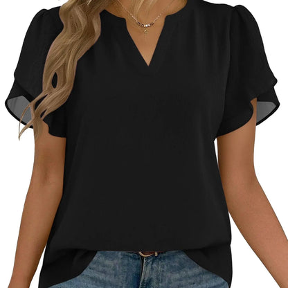 Women’s Floral Chiffon Blouse – Lightweight V-Neck Petal Sleeve Top for Work, Casual & Everyday Wear