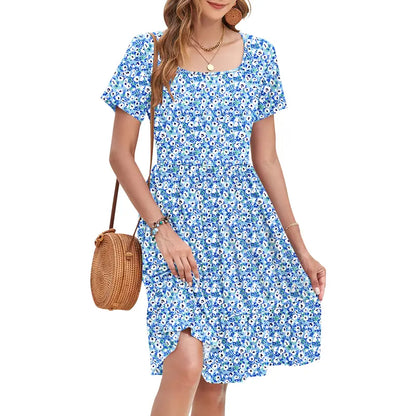 Women Square Neck Ditsy Floral Dress, Ruffle Empire Waist A-Line Sundress With Pockets