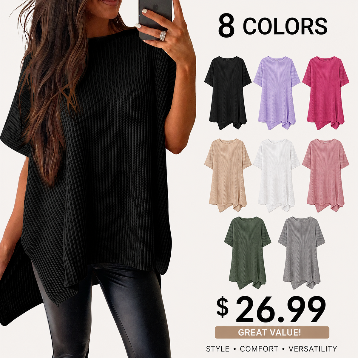 Women's Casual Oversized Solid Knit Pullover Sweater with Puff Short Sleeves