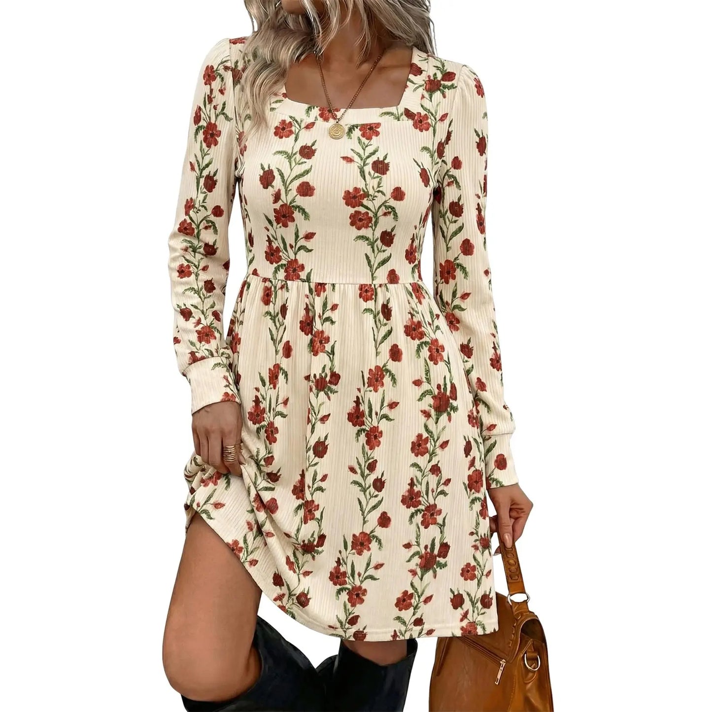 Women's Boho Floral Mini Dress – Long Sleeve Square Neck Empire Waist Flowy Casual Dress