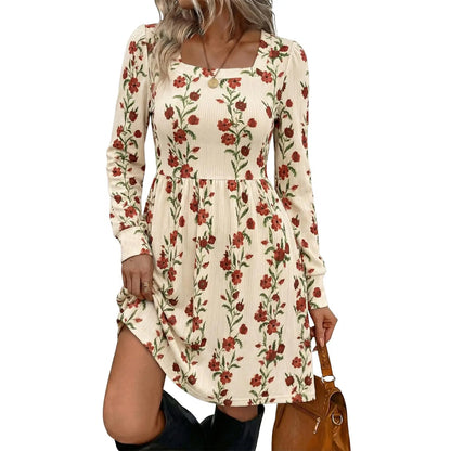 Women's Boho Floral Mini Dress – Long Sleeve Square Neck Empire Waist Flowy Casual Dress