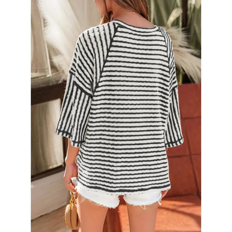 Women’s Oversized Striped Color Block Tee – Soft Summer Short Sleeve Casual Top