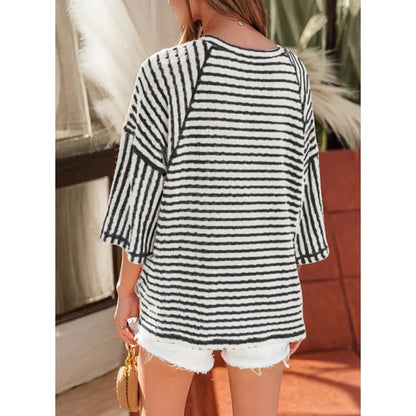 Women’s Oversized Striped Color Block Tee – Soft Summer Short Sleeve Casual Top