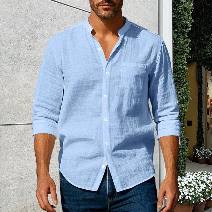 Men's Linen Long Sleeve Stand Collar Shirt