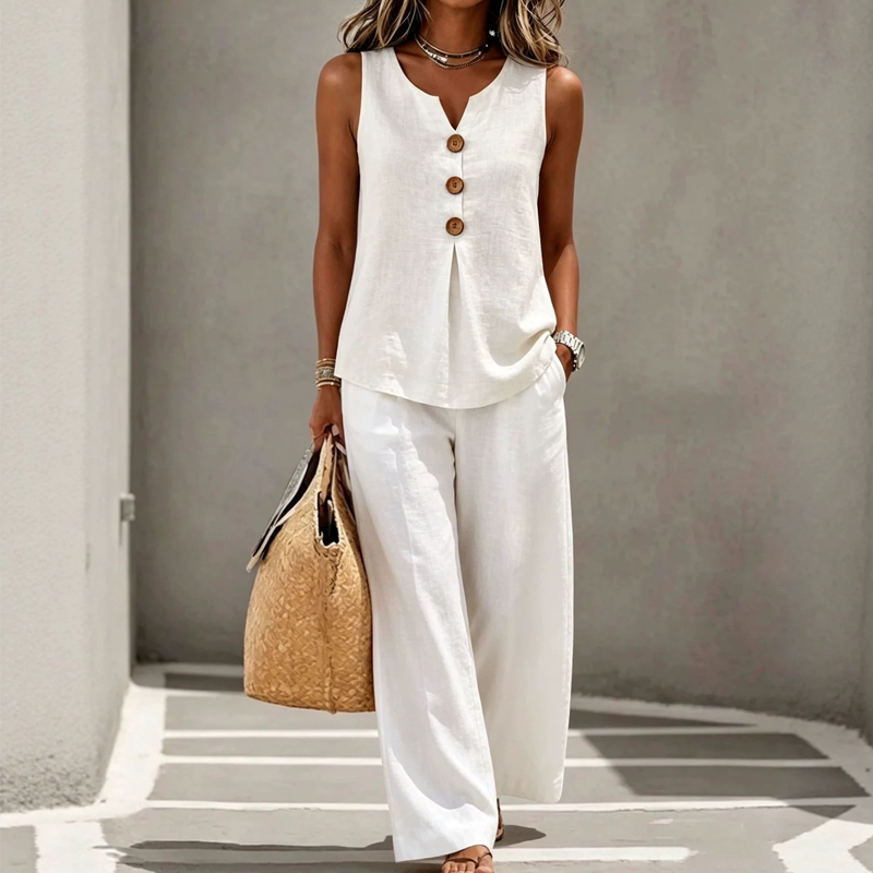 🌿Women's Natural Linen-Blend Sleeveless Button Top and Loose Pants Set