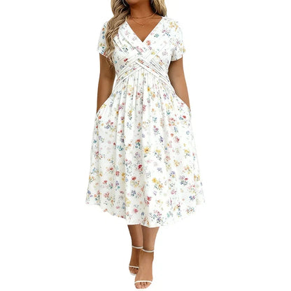 Floral V-neck dress with a twist at the waist—elegant and casual for any occasion