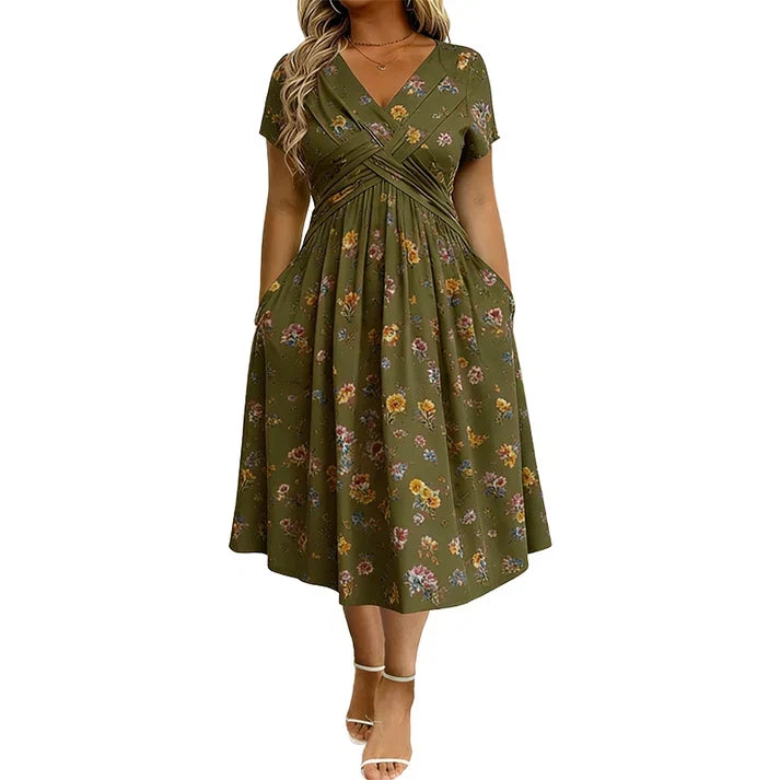 Floral V-neck dress with a twist at the waist—elegant and casual for any occasion
