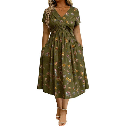 Floral V-neck dress with a twist at the waist—elegant and casual for any occasion