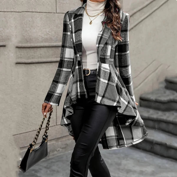 🔥 Limited-Time Sale | Women's Waist-Flattering Plaid Peplum Coat – Elegant High-Low Hem