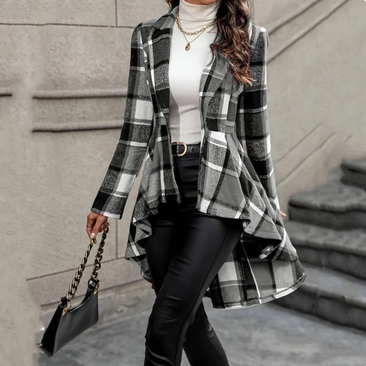 🔥 Limited-Time Sale | Women's Waist-Flattering Plaid Peplum Coat – Elegant High-Low Hem