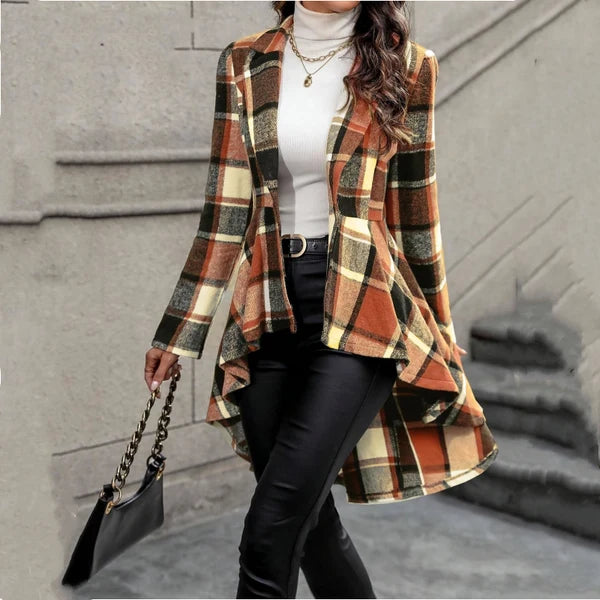🔥 Limited-Time Sale | Women's Waist-Flattering Plaid Peplum Coat – Elegant High-Low Hem