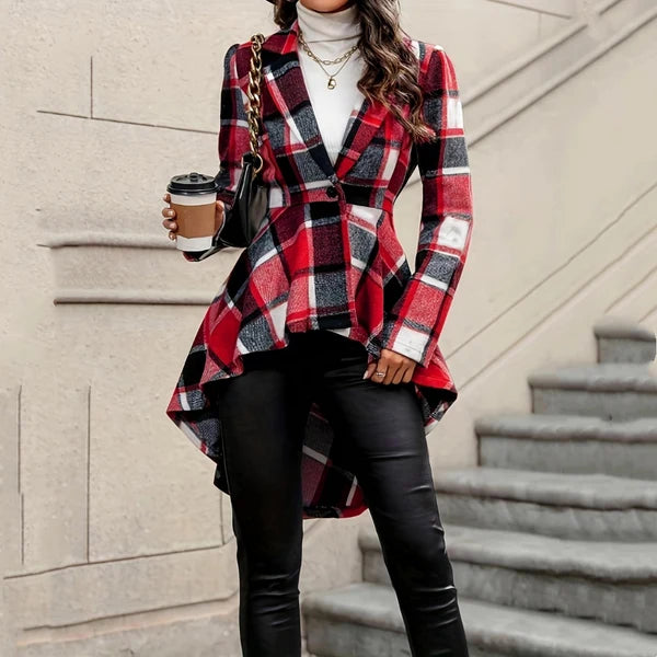 🔥 Limited-Time Sale | Women's Waist-Flattering Plaid Peplum Coat – Elegant High-Low Hem