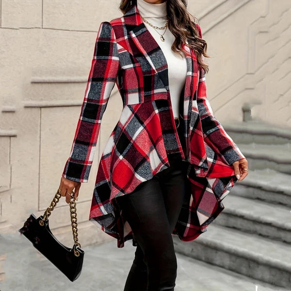🔥 Limited-Time Sale | Women's Waist-Flattering Plaid Peplum Coat – Elegant High-Low Hem
