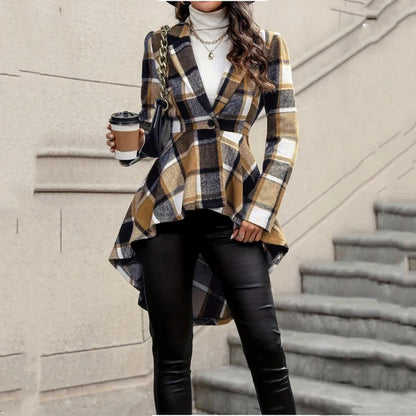 🔥 Limited-Time Sale | Women's Waist-Flattering Plaid Peplum Coat – Elegant High-Low Hem