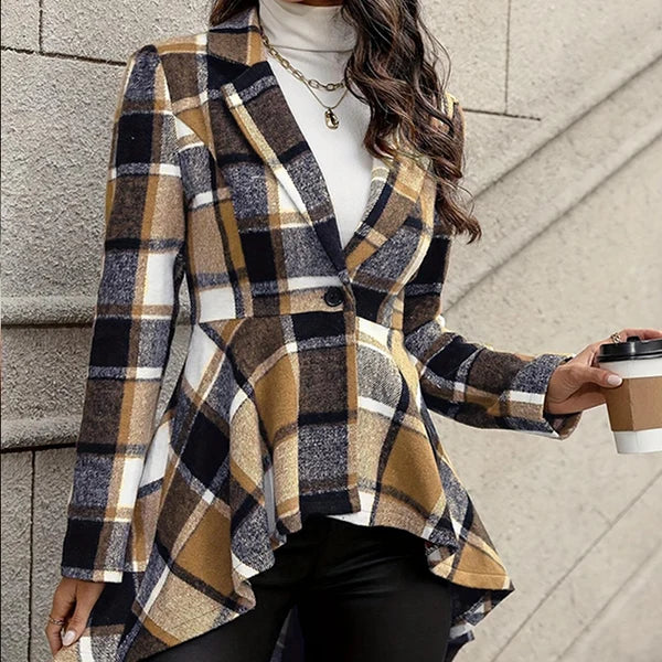 🔥 Limited-Time Sale | Women's Waist-Flattering Plaid Peplum Coat – Elegant High-Low Hem