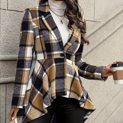 🔥 Limited-Time Sale | Women's Waist-Flattering Plaid Peplum Coat – Elegant High-Low Hem